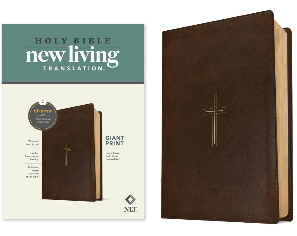 NLT Giant Print Bible, Filament Enabled (Leatherlike, Rustic Brown Gold Cross, Red Letter), 9798400509803