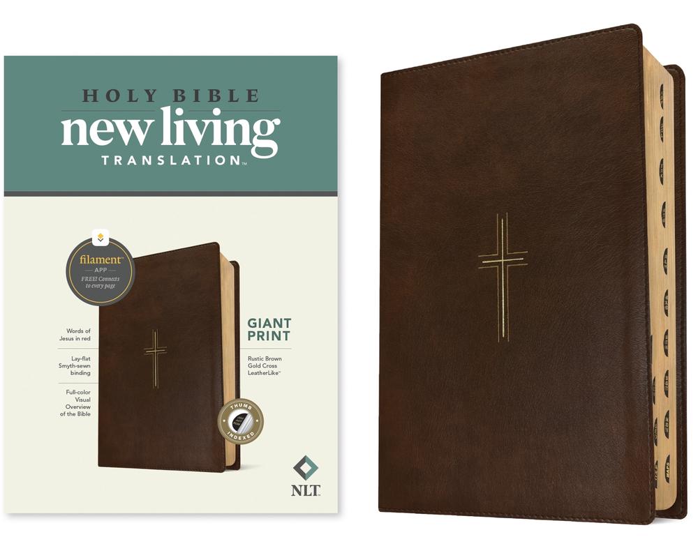 NLT Giant Print Bible, Filament Enabled (Leatherlike, Rustic Brown Gold Cross, Indexed, Red Letter), 9798400509810